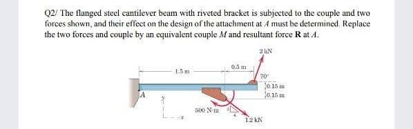 Q2/ The flanged steel cantilever beam with riveted bracket is subjected to the couple and two
forces shown, and their effect on the design of the attachment at 4 must be determined. Replace
the two forces and couple by an equivalent couple M and resultant force R at A.
2 KN
0.5 m
1.5 m
70
10.15 m
t0.15 m
500 N m
1.2 kN
