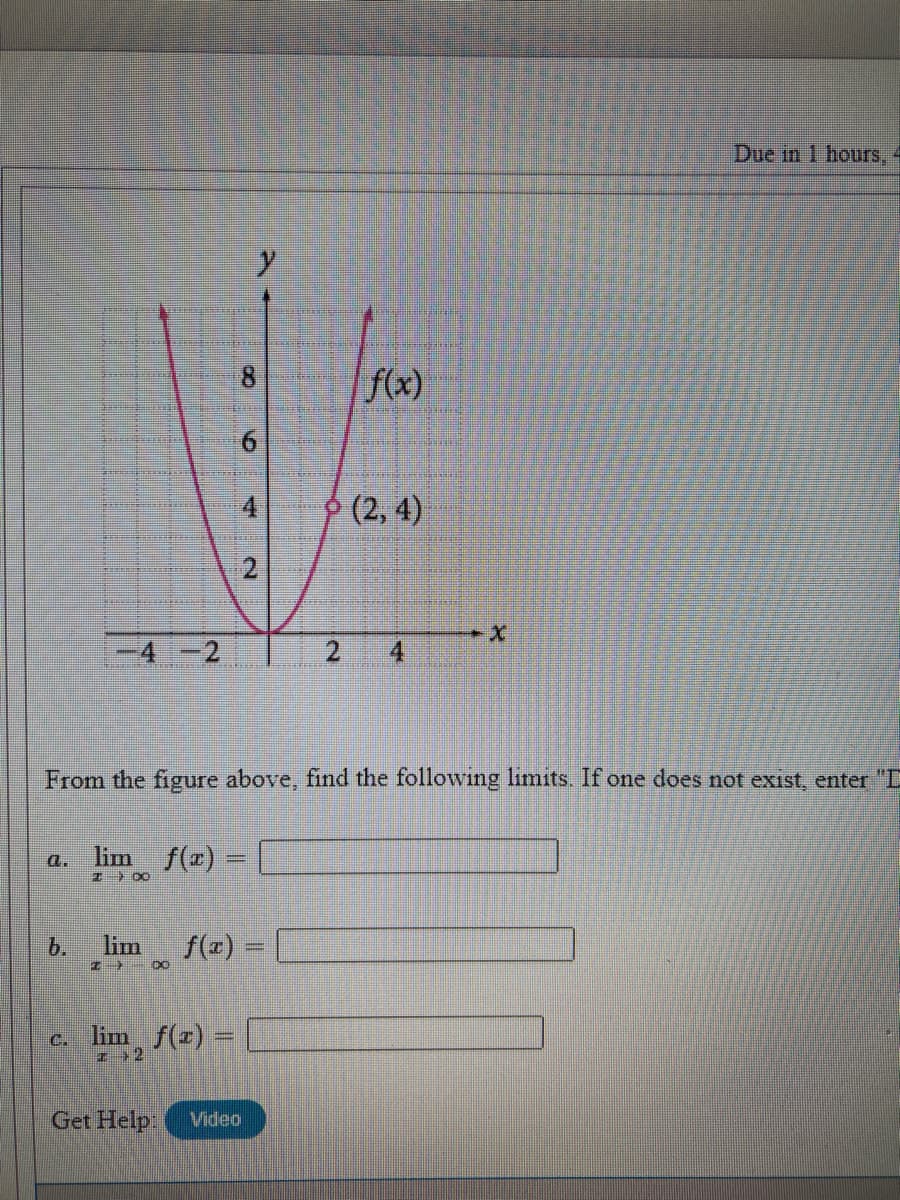 Due in 1 hours, 4
f(x)
(2, 4)
-4-2
2.
4.
From the figure above, find the following limits. If one does not exist, enter "D
lim f(r) =
a.
%3D
b.
lim
f(x) =
%3D
I Do
C.
lim f(z) =
Get Help:
Video
8.
6.
4.
2.
