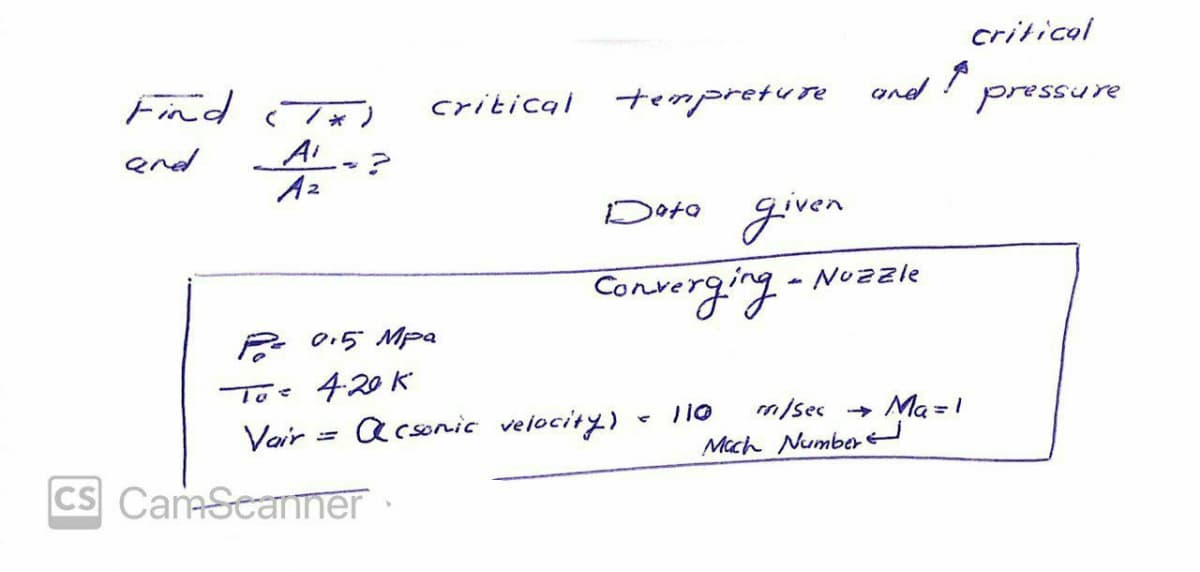 critical
and
Find Tx)
critical tempreture
pressure
Ai
Az
end
Doto given
Converging- Nozzle
E 0:5 Mpa
To 420 K
Vair = acsonic velocity)
m/sec → Ma = !
Mcch Numbere
CS CamScarner
