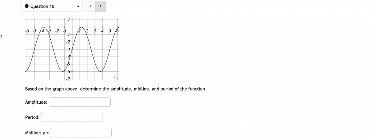 Question 10
>
-6 -5 F4
-3 -2 -1
-1
er
-2
-3
-4
5
-7+
Based on the graph above, determine the amplitude, midline, and period of the function
Amplitude:
Period:
Midline: y =
