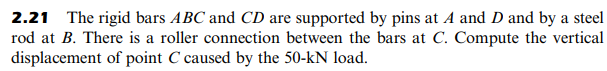 2.21 The rigid bars ABC and CD are supported by pins at A and D and by a steel
rod at B. There is a roller connection between the bars at C. Compute the vertical
displacement of point C caused by the 50-kN load.