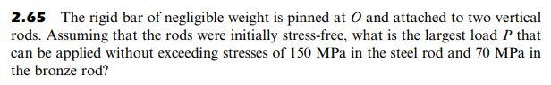 2.65 The rigid bar of negligible weight is pinned at O and attached to two vertical
rods. Assuming that the rods were initially stress-free, what is the largest load P that
can be applied without exceeding stresses of 150 MPa in the steel rod and 70 MPa in
the bronze rod?