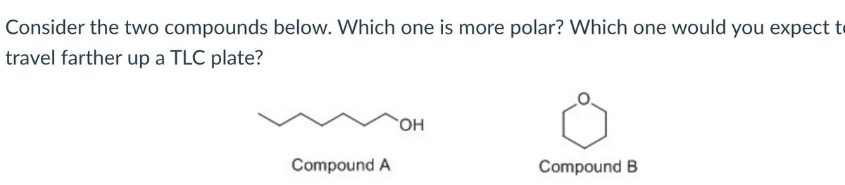 Consider the two compounds below. Which one is more polar? Which one would you expect t
travel farther up a TLC plate?
HO.
Compound A
Compound B
