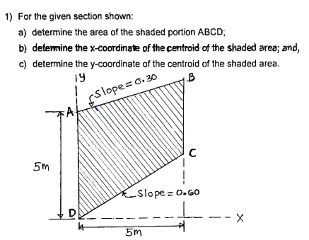 1) For the given section shown:
a) determine the area of the shaded portion ABCD;
b) determine the x-coordinate of the centroid of the shaded area; and,
c) determine the y-coordinate of the centroid of the shaded area.
19
Slope=o. 30
5m
Slope = 0.GO
D
-- -
5m
