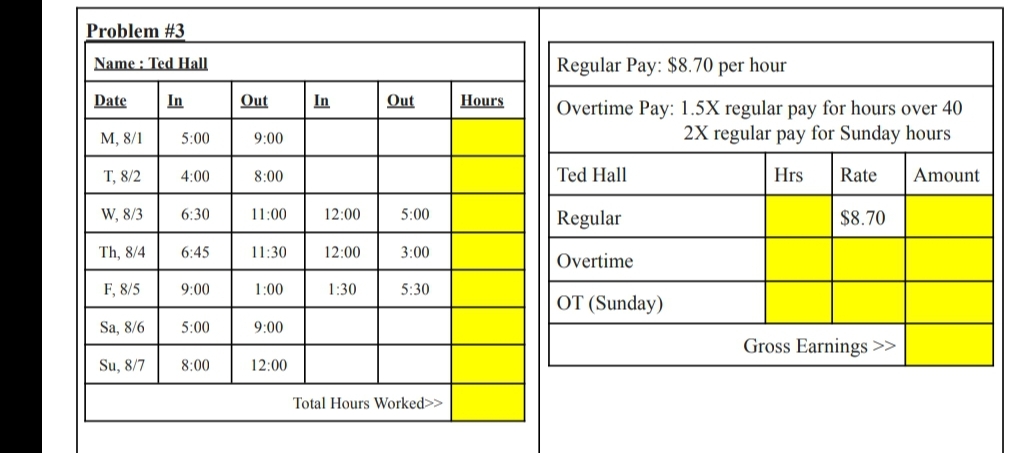 Problem #3
Name: Ted Hall
Date
M, 8/1
T, 8/2
W, 8/3
Th, 8/4
F, 8/5
Sa, 8/6
Su, 8/7
In
5:00
4:00
6:30
6:45
9:00
5:00
8:00
Out
9:00
8:00
11:00
11:30
1:00
9:00
12:00
In
12:00
12:00
1:30
Out
5:00
3:00
5:30
Total Hours Worked >>
Hours
Regular Pay: $8.70 per hour
Overtime Pay: 1.5X regular pay for hours over 40
2X regular pay for Sunday hours
Hrs
Ted Hall
Regular
Overtime
OT (Sunday)
Rate
$8.70
Gross Earnings >>
Amount