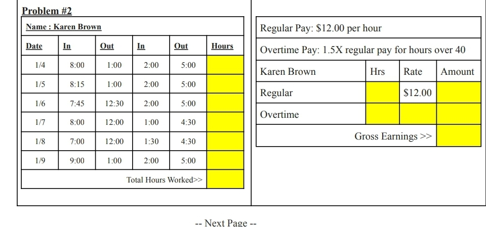 Problem #2
Name : Karen Brown
Date
1/4
1/5
1/6
1/7
1/8
1/9
In
8:00
8:15
7:45
8:00
7:00
9:00
Out
1:00
1:00
12:30
12:00
12:00
1:00
In
2:00
2:00
2:00
1:00
1:30
2:00
Out
5:00
5:00
5:00
4:30
4:30
5:00
Total Hours Worked>>
Hours
-- Next Page --
Regular Pay: $12.00 per hour
Overtime Pay: 1.5X regular pay for hours over 40
Karen Brown
Hrs
Amount
Regular
Overtime
Rate
$12.00
Gross Earnings >>