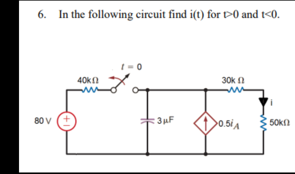 80 V
In the following circuit find i(t) for t>0 and t<0.
+
40ΚΩ
t = 0
3μF
30K Ω
>0.50 A
50ΚΩ