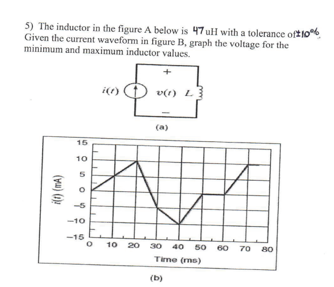 5) The inductor in the figure A below is 47 uH with a tolerance of 10%
Given the current waveform in figure B, graph the voltage for the
minimum and maximum inductor values.
i(t) (mA)
15
10
10
O
4
-10
-15
O
10 20
+
v(1) L
(a)
30 40 50
Time (ms)
(b)
60
70 80