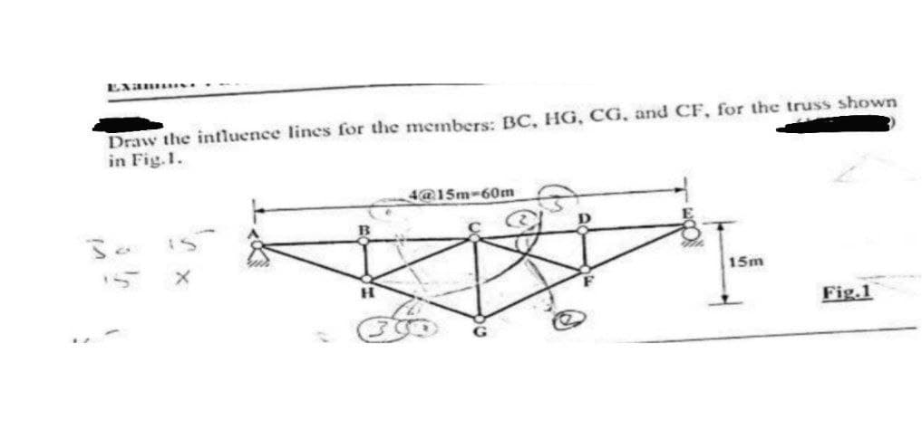 ExammuIV.
Draw the influence lines for the members: BC, HG, CG, and CF, for the truss shown
in Fig. 1.
H
4@15m-60m
F
15m
Fig.1