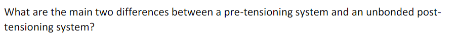 What are the main two differences between a pre-tensioning system and an unbonded post-
tensioning system?
