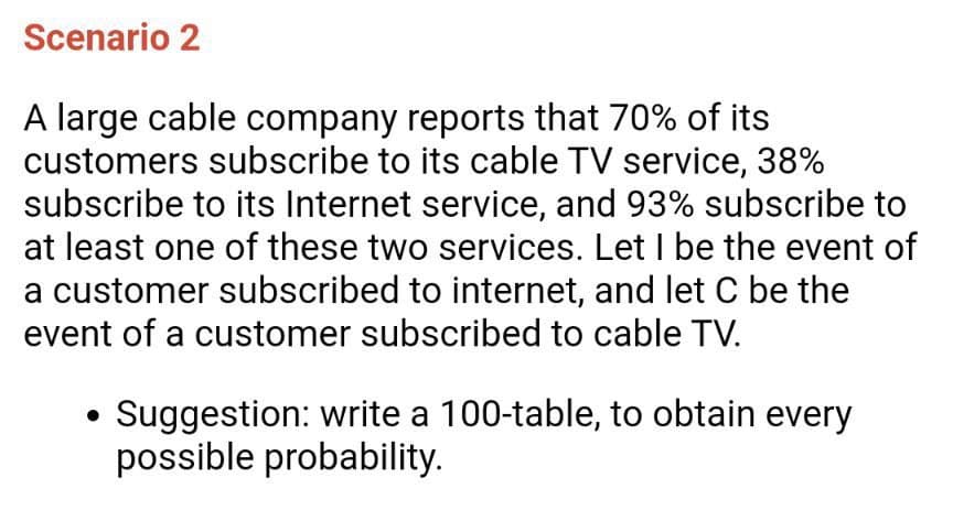 Scenario 2
A large cable company reports that 70% of its
customers subscribe to its cable TV service, 38%
subscribe to its Internet service, and 93% subscribe to
at least one of these two services. Let I be the event of
a customer subscribed to internet, and let C be the
event of a customer subscribed to cable TV.
Suggestion: write a 100-table, to obtain every
possible probability.
