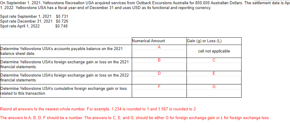 On September 1, 2021, Yellowstone Recreation USA acquired services from Outback Excursions Australia for 800,000 Australian Dollars. The settlement date is Ap
1, 2022. Yellowstone USA has a fiscal year-end of December 31 and uses USD as its functional and reporting currency.
Spot rate September 1, 2021 $0.731
Spot rate December 31, 2021
Spot rate April 1, 2022
$0.726
$0.748
Determine Yellowstone USA's accounts payable balance on the 2021
balance sheet date.
Determine Yellowstone USA's foreign exchange gain or loss on the 2021
financial statements.
Determine Yellowstone USA's foreign exchange gain or loss on the 2022
financial statements.
Determine Yellowstone USA's cumulative foreign exchange gain or loss
related to this transaction.
Numerical Amount
A
B
D
F
Gain (g) or Loss (L)
cell not applicable
C
E
G
Round all answers to the nearest whole number. For example, 1.234 is rounded to 1 and 1.567 is rounded to 2.
The answers to A, B, D, F should be a number. The answers to C, E, and G, should be either G for foreign exchange gain or L for foreign exchange loss.