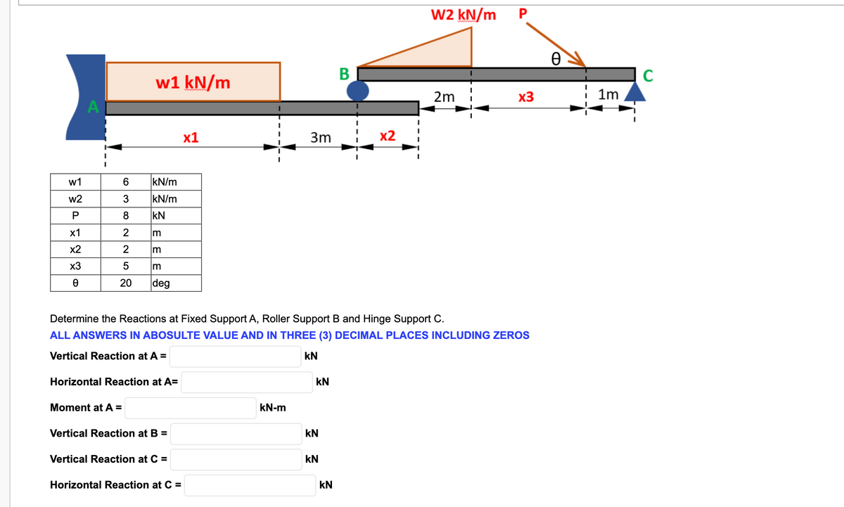 w1
w2
P
x1
x2
x3
e
50 32x
6
8
2258
Moment at A=
w1 kN/m
kN/m
kN/m
KN
Im
m
m
20 deg
Vertical Reaction at B =
Vertical Reaction at C =
x1
Horizontal Reaction at C =
3m
kN-m
Determine the Reactions at Fixed Support A, Roller Support B and Hinge Support C.
ALL ANSWERS IN ABOSULTE VALUE AND IN THREE (3) DECIMAL PLACES INCLUDING ZEROS
Vertical Reaction at A =
KN
Horizontal Reaction at A=
kN
KN
KN
B
KN
x2
W2 kN/m
2m
P
x3
Ꮎ
1m
C