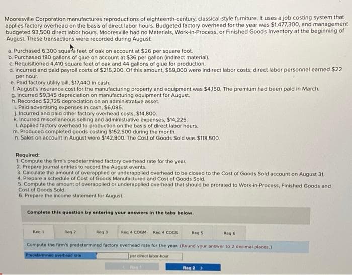 Mooresville Corporation manufactures reproductions of eighteenth-century, classical-style furniture. It uses a job costing system that
applies factory overhead on the basis of direct labor hours. Budgeted factory overhead for the year was $1,477,300, and management
budgeted 93,500 direct labor hours. Mooresville had no Materials, Work-in-Process, or Finished Goods Inventory at the beginning of
August. These transactions were recorded during August
a. Purchased 6,300 square feet of oak on account at $26 per square foot.
b. Purchased 180 gallons of glue on account at $36 per gallon (indirect material).
d. Incurred and paild payroll costs of $215,200. Of this amount, $59,000 were indirect labor costs; direct labor personnel earned $22
per hour.
e. Paid factory utility bill, $17,440 in cash.
1. August's insurance cost for the manufacturing property and equipment was $4,150. The premium had been paid in March.
Incurred $9,345 depreciation on manufacturing equipment for August.
h. Recorded $2,725 depreciation on an administrative asset.
L Paid advertising expenses in cash, $6,085.
J, Incurred and paid other factory overhead costs, $14,800.
k. Incurred miscellaneous selling and administrative expenses, $14,225.
LApplied factory overhead to production on the basis of direct labor hours.
m. Produced completed goods costing $152,500 during the month.
n. Sales on account in August were $142,800. The Cost of Goods Sold was $118,500.
Required:
1. Compute the firm's predetermined factory overhead rate for the year.
2. Prepare Journal entries to record the August events.
3. Calculate the amount of overapplied or underapplied overhead to be closed to the Cost of Goods Sold account on August 31.
4. Prepare a schedule of Cost of Goods Manufactured and Cost of Goods Sold.
5. Compute the amount of overapplied or underapplied overhead that should be prorated to Work-in-Process, Finished Goods and
Cost of Goods Sold.
6. Prepare the income statement for August.
Complete this question by entering your answers in the tabs below.
Reg 2
Reg 4 COGM Reg 4 COGS
Reg 1
Reg
Reg 5
Reg 6
Compute the firm's predetermined factory overhead rate for the year. (Round your answer to 2 decimal places.)
Predetarmined overhead rate
per direct labor-hour
Reg 2 >
