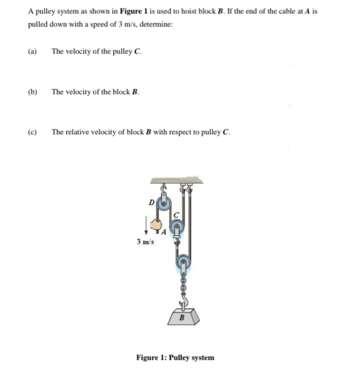 A pulley system as shown in Figure 1 is used to hoist block B. If the end of the cable at A is
pulled down with a speed of 3 m/s, determine:
(a)
The velocity of the pulley C.
(b)
The velocity of the block B.
(c)
The relative velocity of block B with respect to pulley C.
3 m/s
B
Figure 1: Pulley system
