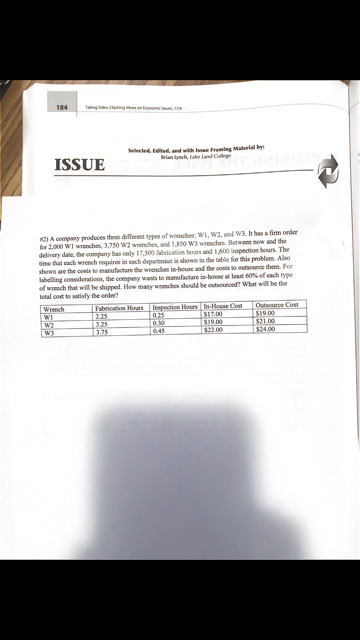 184
Selected, ted, and wth t Framing Material by
lan ynch, Lake land College
ISSUE
2) A company produces three different types of wrenches: WI, W2, and W3. It has a firm order
for 2,000 WI wrenches, 3,750 W2 wrenches, and 1,85o W3 wrenches. Betweem now and the
delivery date, the company has only 17,500 brication hours and 1,600 inspection hours. The
time that each wrench requires in cach departmeat is shown in the table for this problem. Also
shown are the costs tomanufacture the wrenches in-hese and the costs to eutsource them. For
labelling consideration, the company wants to manufacture in-house at least 60% of cach type
of wrench that will be shipped. How many wrenches should be outsourced? What will be the
lotal cost to satisfy the order?
Wrench
WI
W2
225
325
3.75
Fabrication Hours Inepection Hours In-ouse Cost
1025
0.30
T045
S17.00
S19.00
$22.00
Outscurce Cost
S19.00
521.00
524.00
