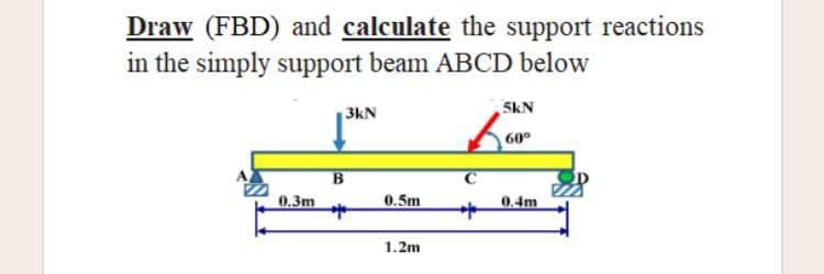 Draw (FBD) and calculate the support reactions
in the simply support beam ABCD below
3kN
5kN
Ko
60⁰
C
0.3m
0.4m
*
B
*
0.5m
1.2m