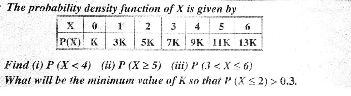 The probability density function of X is given by
X
1
3
4
5
6
P(X) K
3K
5K
7K 9K 11K 13K
Find (i) P (X <4) (ii) P (X > 5) (iii) P (3 < X < 6)
What will be the minimum value of K so that P (X < 2) > 0.3.
