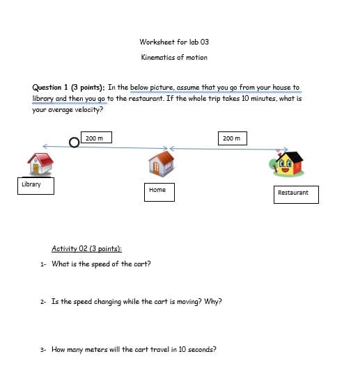 Worksheet for lab 03
Kinematics of motion
Question 1 (3 points): In the below picture, assume that you go from your house to
library and then you go to the restaurant. If the whole trip takes 10 minutes, what is
your average velocity?
Library
200 m
Activity 02 (3 points):
1- What is the speed of the cart?
Home
2- Is the speed changing while the cart is moving? Why?
3- How many meters will the cart travel in 10 seconds?
200 m
Restaurant