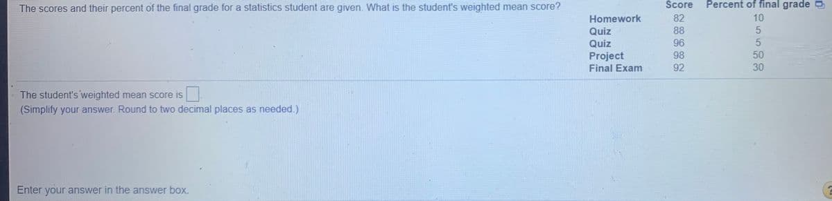 The scores and their percent of the final grade for a statistics student are given. What is the student's weighted mean score?
Score
Percent of final grade
Homework
82
10
Quiz
88
Quiz
96
Project
98
50
Final Exam
92
30
The student's weighted mean score is
(Simplify your answer. Round to two decimal places as needed.)
Enter your answer in the answer box.
