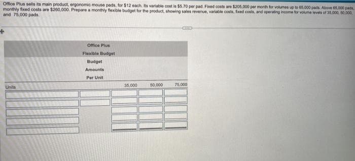 Office Plus sells its main product, ergonomic mouse pads, for $12 each. Its variable cost is $5.70 per pad. Fixed costs are $205,000 per month for volumes up to 65.000 pads. Above 65,000 pads,
monthly fixed costs are $260,000. Prepare a monthly flexible budget for the product, showing sales revenue, variable costs, fixed costs, and operating income for volume levels of 35,000, 50,000,
and 75,000 pads.
+
Units
Office Plus
Flexible Budget
Budget
Amounts
Per Unit
35,000
50,000
()
75,000