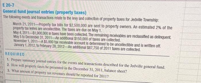 0
1
E 20-7
General fund journal entries (property taxes)
The following events and transactions relate to the levy and collection of property taxes for Jedville Township:
13
14
15
16
March 21, 2011-Property tax bills for $2,500,000 are sent to property owners. An estimated 2% of the
property tax levies are uncollectible. The taxes are due on May 1.
May 4, 2011-$1,900,000 in taxes have been collected. The remaining receivables are reclassified as delinquent.
May 5 to December 31, 2011-An additional $150,000 of taxes are collected.
November 1, 2011-A $5,000 tax receivable account is determined to be uncollectible and is written off.
January 1, 2012, to February 28, 2012-An additional $87,750 of 2011 taxes are collected.
REQUIRED
1. Prepare summary journal entries for the events and transactions described for the Jedville general fund.
2. How will property taxes be presented in the December 31, 2011, balance sheet?
3. What amount of property tax revenues should be reported for 2011?