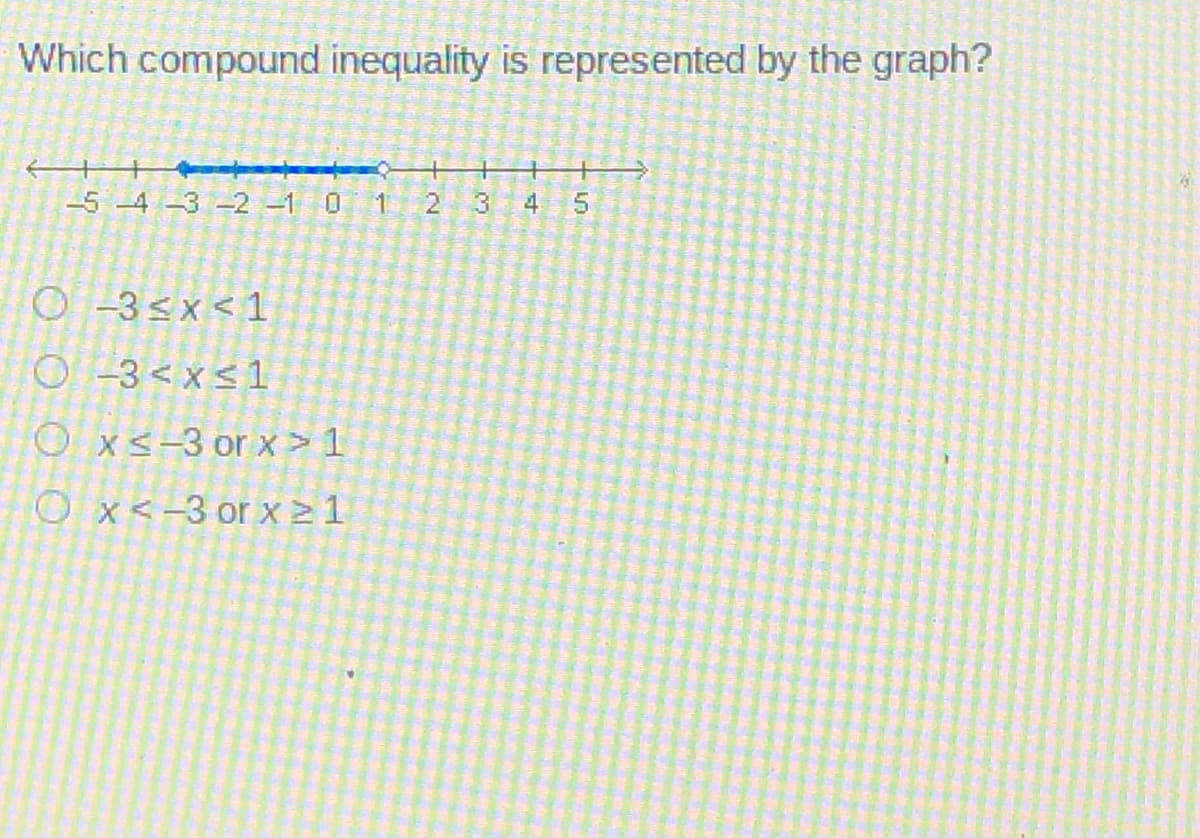 Which compound inequality is represented by the graph?
-5 -4 -3 -2 -1 0 1
3
4
O -3<x < 1
O -3 < x< 1
O xs-3 or x > 1
O x<-3 or x 21
