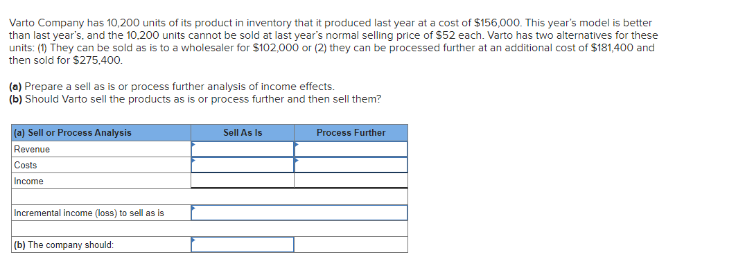 Varto Company has 10,200 units of its product in inventory that it produced last year at a cost of $156,000. This year's model is better
than last year's, and the 10,200 units cannot be sold at last year's normal selling price of $52 each. Varto has two alternatives for these
units: (1) They can be sold as is to a wholesaler for $102,000 or (2) they can be processed further at an additional cost of $181,400 and
then sold for $275,400.
(a) Prepare a sell as is or process further analysis of income effects.
(b) Should Varto sell the products as is or process further and then sell them?
(a) Sell or Process Analysis
Revenue
Costs
Income
Incremental income (loss) to sell as is
(b) The company should:
Sell As Is
Process Further