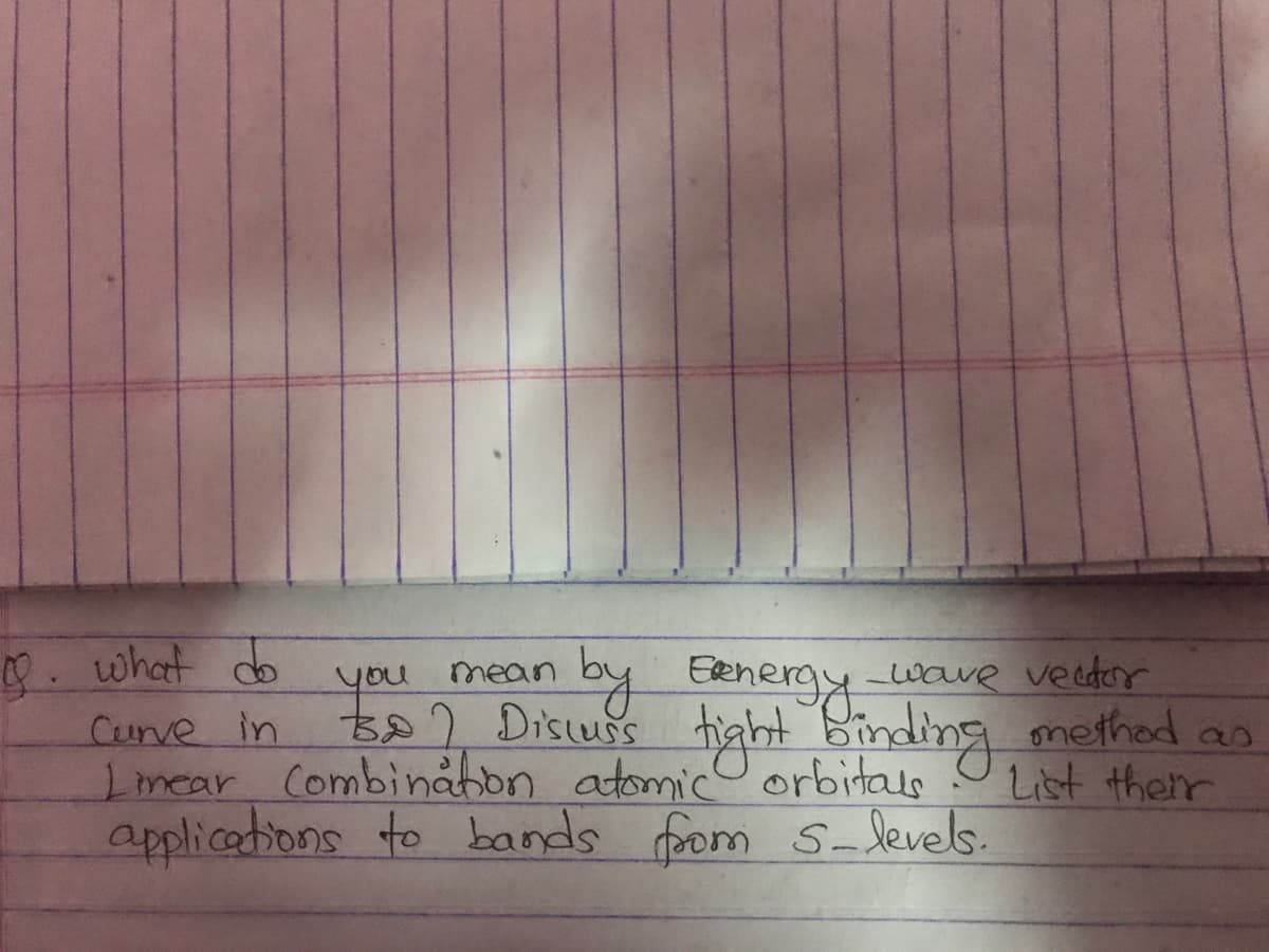 1. what do
you
by Energy wave verder
Curve in Bo? Discuss tight binding method as
Linear Combination atomic orbitals
applications to bands from S-levels.
List their
mean