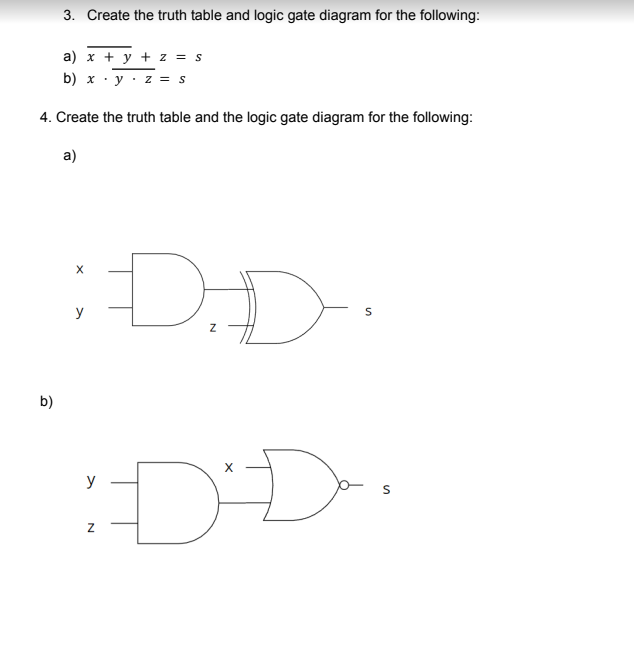 3. Create the truth table and logic gate diagram for the following:
a) x + y + z = s
b) x. yz = s
4. Create the truth table and the logic gate diagram for the following:
a)
b)
X
y
D.D.
DI
y
N
S