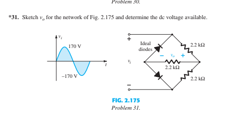 Problem 30.
*31. Sketch v, for the network of Fig. 2.175 and determine the de voltage available.
Ideal
170 V
2.2 k2
diodes
V. +
2.2 k2
-170 V
2.2 k2
FIG. 2.175
Problem 31.
