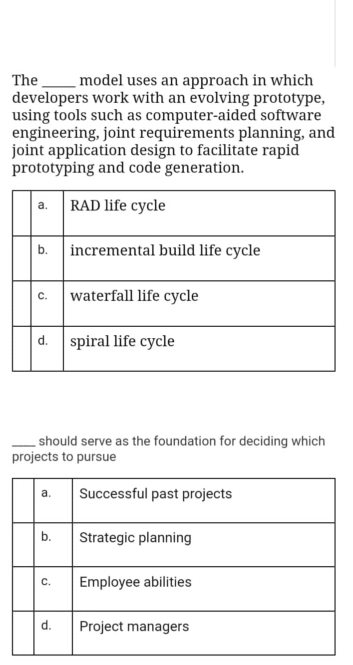 The
model uses an approach in which
developers work with an evolving prototype,
using tools such as computer-aided software
engineering, joint requirements planning, and
joint application design to facilitate rapid
prototyping and code generation.
RAD life cycle
а.
b.
incremental build life cycle
waterfall life cycle
С.
d.
spiral life cycle
should serve as the foundation for deciding which
projects to pursue
Successful past projects
а.
b.
Strategic planning
Employee abilities
с.
d.
Project managers
