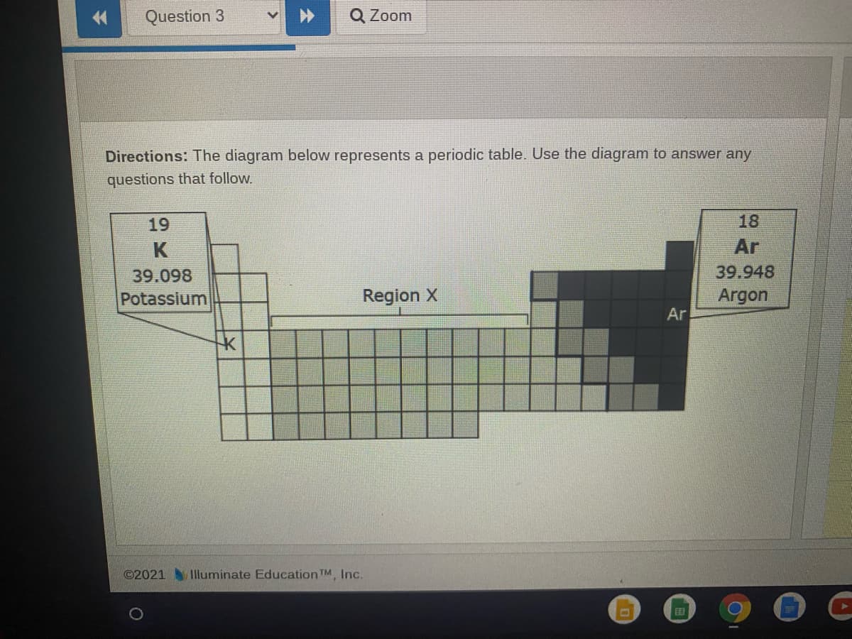 Question 3
Q Zoom
Directions: The diagram below represents a periodic table. Use the diagram to answer any
questions that follow.
19
18
Ar
39.098
39.948
Potassium
Region X
Argon
Ar
©2021Illuminate Education TM, Inc.
田
