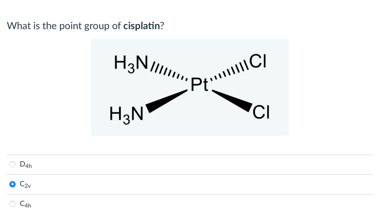 What is the point group of cisplatin?
H3N,
'CI
H3N
D4h
C2v
