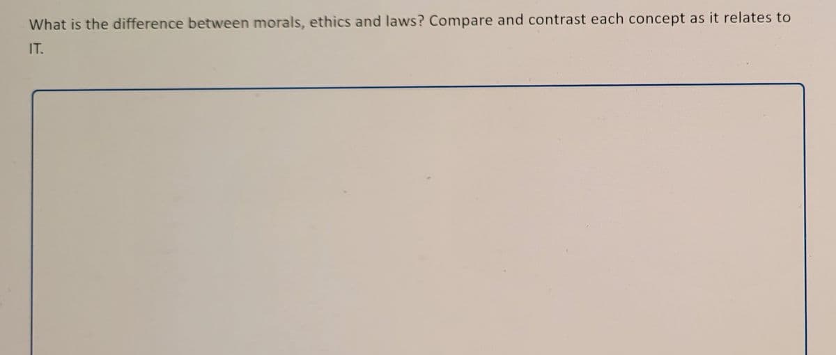 What is the difference between morals, ethics and laws? Compare and contrast each concept as it relates to
IT.
