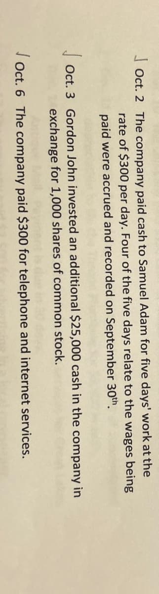 Oct. 2 The company paid cash to Samuel Adam for five days' work at the
rate of $300 per day. Four of the five days relate to the wages being
paid were accrued and recorded on September 30th.
Oct. 3 Gordon John invested an additional $25,000 cash in the company
exchange for 1,000 shares of common stock.
Oct. 6 The company paid $300 for telephone and internet services.
in