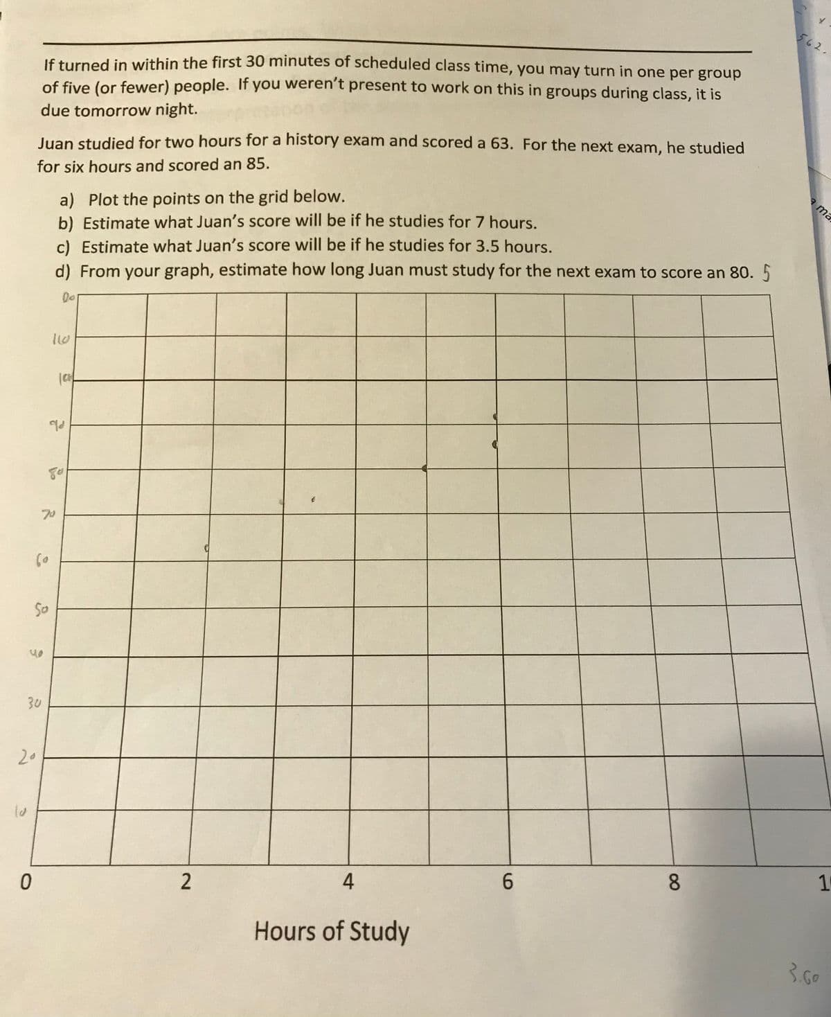 562.
If turned in within the first 30 minutes of scheduled class time, you may turn in one per group
of five (or fewer) people. If you weren't present to work on this in groups during class, it is
due tomorrow night.
Juan studied for two hours for a history exam and scored a 63. For the next exam, he studied
for six hours and scored an 85.
a ma
a) Plot the points on the grid below.
b) Estimate what Juan's score will be if he studies for 7 hours.
c) Estimate what Juan's score will be if he studies for 3.5 hours.
d) From your graph, estimate how long Juan must study for the next exam to score an 80. 5
Do
10
70
So
30
20
8.
1
6.
Hours of Study
3.50
2.
