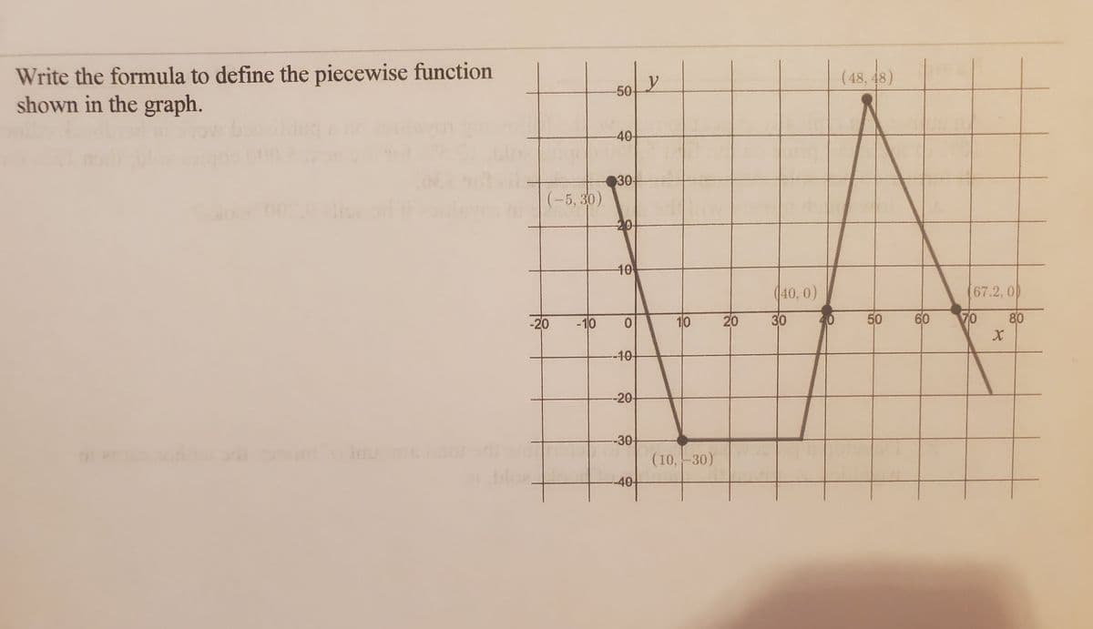 Write the formula to define the piecewise function
shown in the graph.
(48, 48)
50-
40-
30-
(-5, 30)
20-
10
(40, 0)
67.2, 0)
-20
-10
10
20
30
50
60
70
80
--10-
-20-
--30
(10,-30)
-40-
