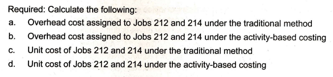 Required: Calculate the following:
а.
Overhead cost assigned to Jobs 212 and 214 under the traditional method
b.
Overhead cost assigned to Jobs 212 and 214 under the activity-based costing
C.
Unit cost of Jobs 212 and 214 under the traditional method
d.
Unit cost of Jobs 212 and 214 under the activity-based costing
