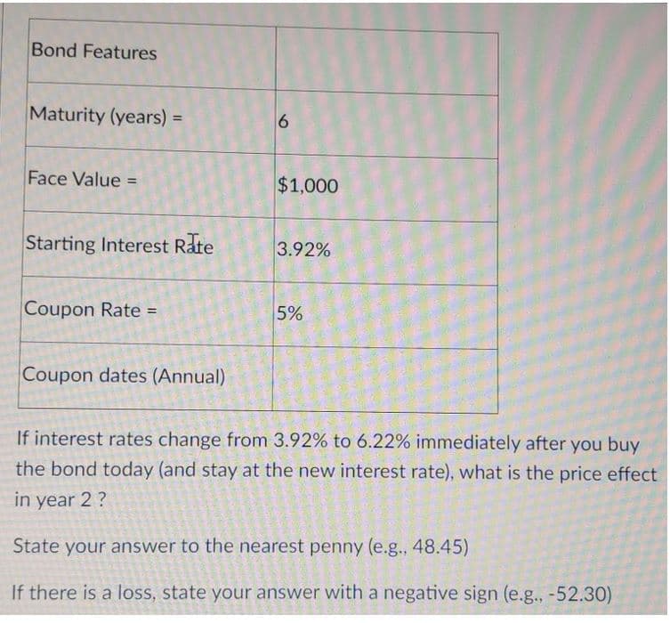 Bond Features
Maturity (years) =
%3D
Face Value =
$1,000
%3D
Starting Interest Rate
3.92%
Coupon Rate =
5%
%3D
Coupon dates (Annual)
If interest rates change from 3.92% to 6.22% immediately after you buy
the bond today (and stay at the new interest rate), what is the price effect
in year 2 ?
State your answer to the nearest penny (e.g., 48.45)
If there is a loss, state your answer with a negative sign (e.g., -52.30)
