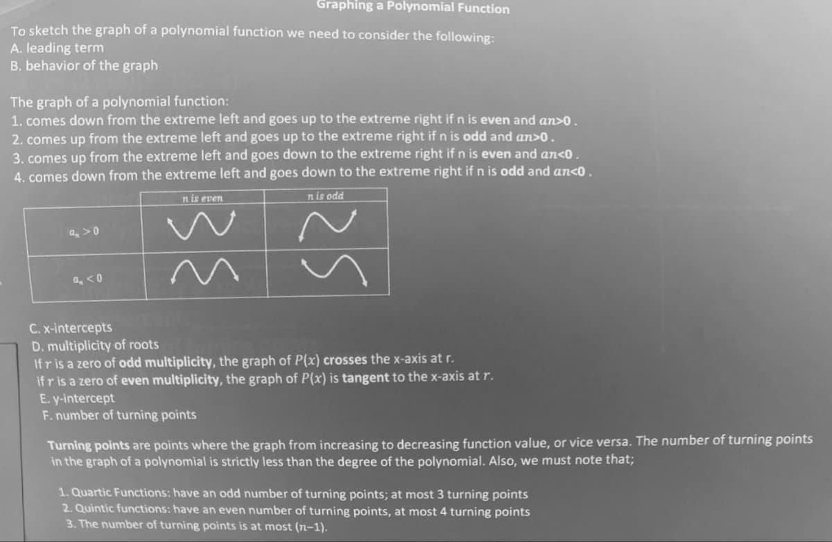 Graphing a Polynomial Function
To sketch the graph of a polynomial function we need to consider the following:
A. leading term
B. behavior of the graph
The graph of a polynomial function:
1. comes down from the extreme left and goes up to the extreme right if n is even and an>0.
2. comes up from the extreme left and goes up to the extreme right if n is odd and an>0.
3. comes up from the extreme left and goes down to the extreme right if n is even and an<0.
4. comes down from the extreme left and goes down to the extreme right if n is odd and an<0.
a>0
a <0
n is even
n is odd
~ ~
C. x-intercepts
D. multiplicity of roots
If r is a zero of odd multiplicity, the graph of P(x) crosses the x-axis at r.
if r is a zero of even multiplicity, the graph of P(x) is tangent to the x-axis at r.
E.y-intercept
F. number of turning points
Turning points are points where the graph from increasing to decreasing function value, or vice versa. The number of turning points
in the graph of a polynomial is strictly less than the degree of the polynomial. Also, we must note that;
1. Quartic Functions: have an odd number of turning points; at most 3 turning points
2. Quintic functions: have an even number of turning points, at most 4 turning points
3. The number of turning points is at most (n-1).