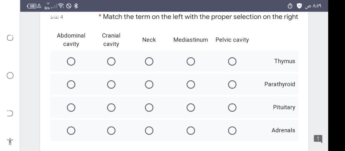 63 A
O A:09
B/s
blä 4
* Match the term on the left with the proper selection on the right
Abdominal
Cranial
Neck
Mediastinum
Pelvic cavity
cavity
cavity
Thymus
Parathyroid
Pituitary
Adrenals
