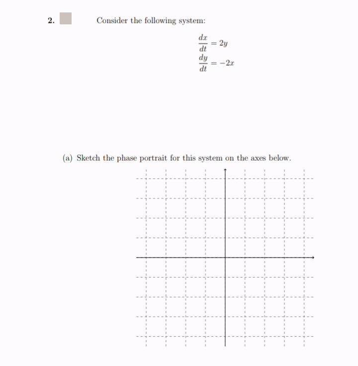 2.
Consider the following system:
dr
= 2y
dt
dy
-2x
(a) Sketch the phase portrait for this system on the axes below.
