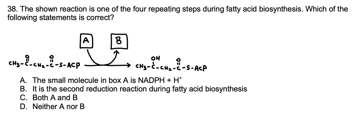 ### Fatty Acid Biosynthesis Reaction

**Question 38:** The shown reaction is one of the four repeating steps during fatty acid biosynthesis. Which of the following statements is correct?

The chemical reaction can be summarized as follows:

\[ \text{CH}_3\text{-C(=O)-CH}_2\text{-C(=O)-S-ACP} \xrightarrow{\text{A}} \text{CH}_3\text{-C(=O)-CH}_2\text{-C(OH)-S-ACP} \]

**Options:**

A. The small molecule in box A is NADPH + H\(^+\)

B. It is the second reduction reaction during fatty acid biosynthesis

C. Both A and B

D. Neither A nor B

**Explanation of the Reaction:**

- On the left, the molecule is CH\(_3\)-C(=O)-CH\(_2\)-C(=O)-S-ACP, indicating an acyl carrier protein (ACP) linked fatty acyl intermediate.
- On the right, the product of the reaction is CH\(_3\)-C(=O)-CH\(_2\)-C(OH)-S-ACP, suggesting the conversion of the double-bonded oxygen (=O) on the beta-carbon to a hydroxyl group (-OH).
  
Boxes A and B indicate reactants or intermediates involved in this conversion.

**Graphical Explanation:**

1. **Reactant (Left):** CH\(_3\)-C(=O)-CH\(_2\)-C(=O)-S-ACP
2. **Conversion Process:**
   - A signifies the reactant involved in the reduction process (likely NADPH + H\(^+\)).
   - B signifies the intermediate or final product after the reaction.
3. **Product (Right):** CH\(_3\)-C(=O)-CH\(_2\)-C(OH)-S-ACP

**Correct Answer Explanation:**

The correct answer to the question is:
   
- **A:** The small molecule in box A is NADPH + H\(^+\). This is correct because this molecule provides the reducing equivalents in fatty acid biosynthesis.
- **B:** It is the second reduction reaction during fatty acid biosynthesis. This statement is also correct as it represents the conversion of a ketone to a hydroxyl group.

Therefore,