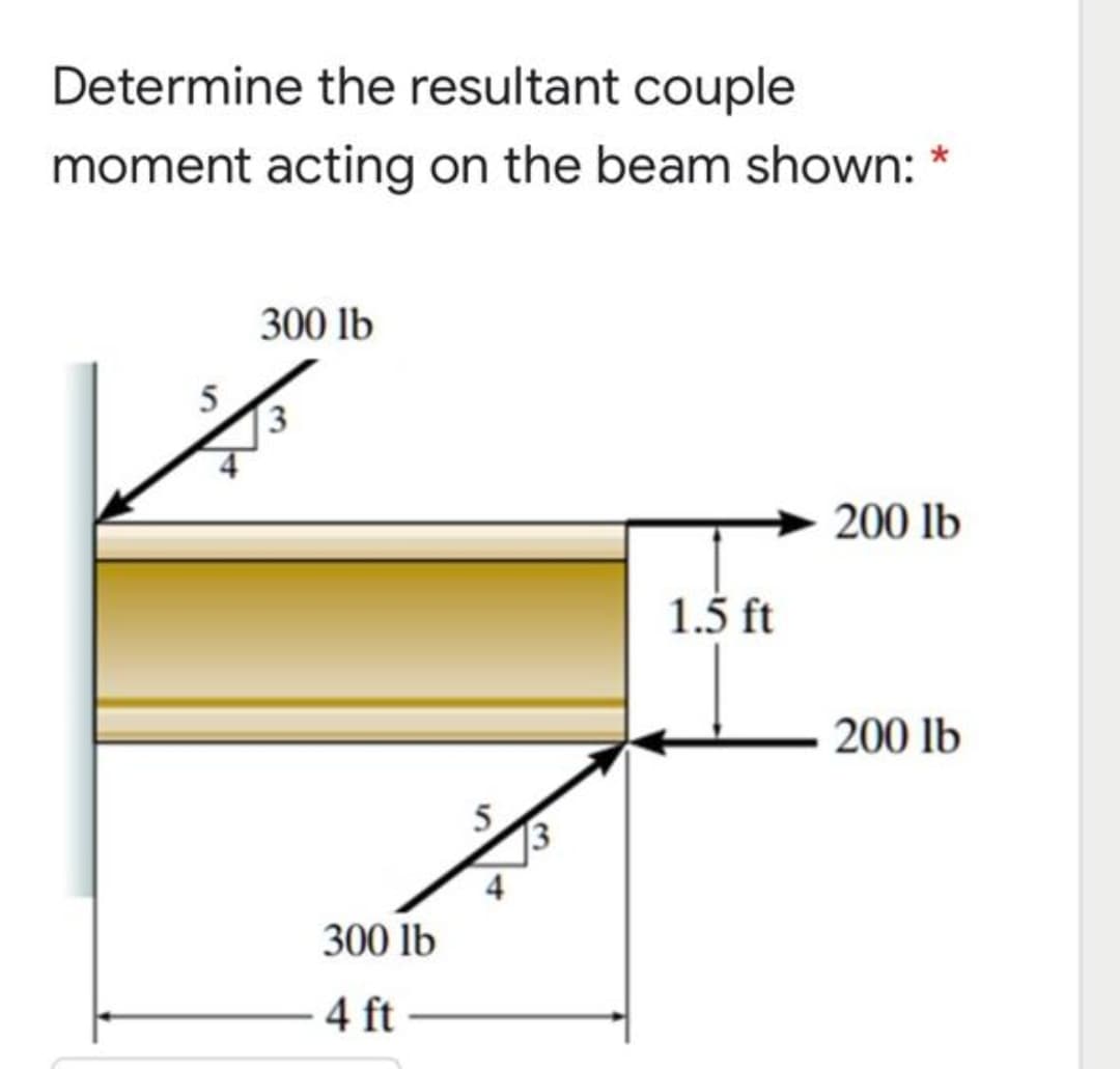 Determine the resultant couple
moment acting on the beam shown: *
300 lb
200 lb
1.5 ft
200 lb
5
13
300 lb
4 ft
