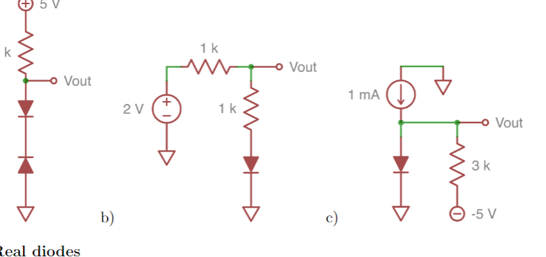 k
1k
-o Vout
Vout
1 mA
2 V
1k
o Vout
3 k
b)
c)
-5 V
Real diodes
