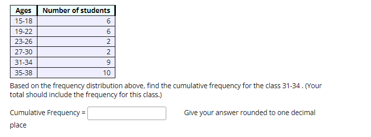 Ages
Number of students
15-18
6
19-22
6
23-26
2
27-30
2
31-34
9
35-38
10
Based on the frequency distribution above, find the cumulative frequency for the class 31-34. (Your
total should include the frequency for this class.)
Cumulative Frequency =
Give your answer rounded to one decimal
place
