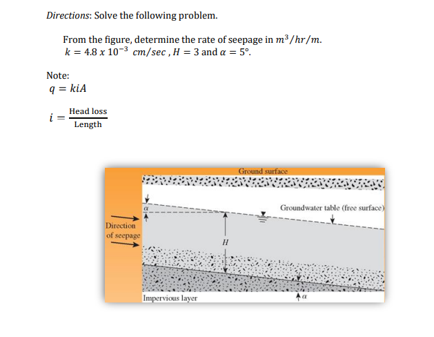 Directions: Solve the following problem.
From the figure, determine the rate of seepage in m³ /hr/m.
k = 4.8 x 10-3 cm/sec , H = 3 and a = 5°.
Note:
q = kiA
Head loss
i =
Length
Ground surface
Groundwater table (free surface)
Direction
of seepage
Impervious layer
