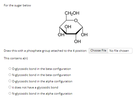 For the sugar below
OH
CH2OH
OH
OH
O-glycosidic bond in the beta configuration
N-glycosidic bond in the beta configuration
O-glycosidic bond in the alpha configuration
it does not have a glycosidic bond
O N-glycosidic bond in the alpha configuration
OH
Draw this with a phosphate group attached to the 4 position: Choose File No file chosen
This contains a(n)