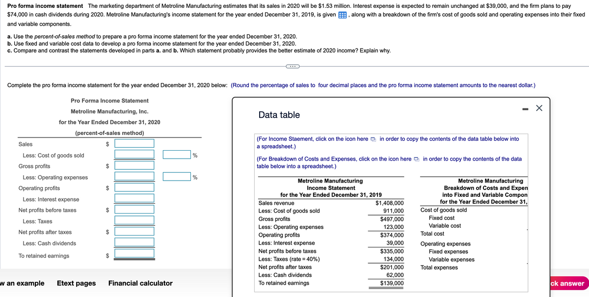 Pro forma income statement The marketing department of Metroline Manufacturing estimates that its sales in 2020 will be $1.53 million. Interest expense is expected to remain unchanged at $39,000, and the firm plans to pay
$74,000 in cash dividends during 2020. Metroline Manufacturing's income statement for the year ended December 31, 2019, is given, along with a breakdown of the firm's cost of goods sold and operating expenses into their fixed
and variable components.
a. Use the percent-of-sales method to prepare a pro forma income statement for the year ended December 31, 2020.
b. Use fixed and variable cost data to develop a pro forma income statement for the year ended December 31, 2020.
c. Compare and contrast the statements developed in parts a. and b. Which statement probably provides the better estimate of 2020 income? Explain why.
Complete the pro forma income statement for the year ended December 31, 2020 below: (Round the percentage of sales to four decimal places and the pro forma income statement amounts to the nearest dollar.)
Pro Forma Income Statement
Metroline Manufacturing, Inc.
for the Year Ended December 31, 2020
(percent-of-sales method)
$
Sales
Less: Cost of goods sold
Gross profits
Less: Operating expenses
Operating profits
Less: Interest expense
Net profits before taxes
Less: Taxes
Net profits after taxes
Less: Cash dividends
To retained earnings
w an example Etext pages
$
SA
GA
$
GA
Financial calculator
%
%
Data table
(For Income Staement, click on the icon here in order to copy the contents of the data table below into
a spreadsheet.)
(For Breakdown of Costs and Expenses, click on the icon here in order to copy the contents of the data
table below into a spreadsheet.)
Metroline Manufacturing
Income Statement
for the Year Ended December 31, 2019
Sales revenue
Less: Cost of goods sold
Gross profits
Less: Operating expenses
Operating profits
Less: Interest expense
Net profits before taxes
Less: Taxes (rate = 40%)
Net profits after taxes
Less: Cash dividends
To retained earnings
$1,408,000
911,000
$497,000
123,000
$374,000
39,000
$335,000
134,000
$201,000
62,000
$139,000
Metroline Manufacturing
Breakdown of Costs and Expen
into Fixed and Variable Compon
for the Year Ended December 31,
Cost of goods sold
Fixed cost
Variable cost
Total cost
Operating expenses
Fixed expenses
Variable expenses
Total expenses
ck answer